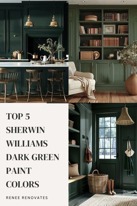 Whether you’re aiming for a cozy, nature-inspired vibe or a bold, dramatic statement, dark green is the answer. Of course, I’m biased because it’s my favorite color! It’s also having a moment in interior design right now, but did you know that it’s also a historically popular color? Deep Green Sherwin Williams, Paint Pallets For Home Color Schemes Benjamin Moore, Decorating With Dark Green, Dark Olive Green Paint Colors, Green Paint Dining Room, Dark Green Furniture Paint, Sherwin Williams Deep Green, Movie Room Paint Colors, Vogue Green Sherwin Williams