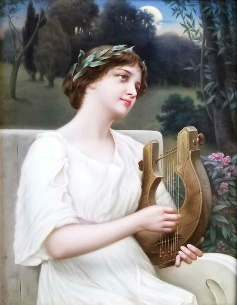 Woman Playing Harp, Romantic Scenes, Realistic Paintings, Elegant Art, Painted Porcelain, Pose Reference Photo, Antique Porcelain, Hand Painted Porcelain, Ancient Rome