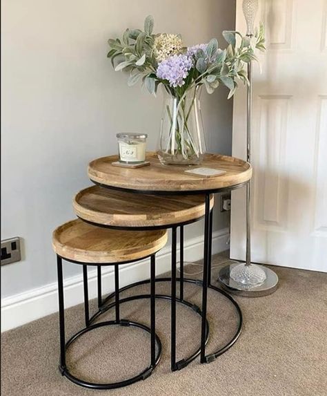 Elm home and garden Round Nest of 3 Three Tables, Solid Wood, natural grains colour. follow for more :) Glass Nesting Tables, Side Lamp, Storage Furniture Living Room, Nest Of Tables, Apartment Living Room Design, Oak Stain, Drink Table, Large Table, Solid Mango Wood