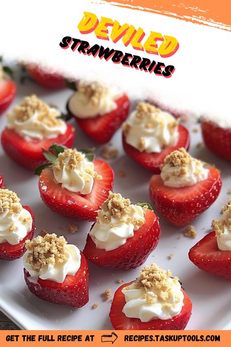 Dive into the deliciousness of our Deviled Strawberries - an enticing twist on a classic sweet treat. Guaranteed to impress at any gathering, these delicacies are a perfect blend of tangy strawberry, smooth cream cheese, and a hint of spice. Enjoy the fabulous fusion of flavors with every bite. Check out our easy-to-follow recipe and make your next event truly unforgettable. Don't forget to save it to your board for later! Filled Strawberries Cream Cheese, Devilled Strawberries, Devil Strawberries, Deviled Strawberry Cheesecake, Strawberry Cream Cheese Bites, Cheesecake Deviled Strawberries Recipe, Strawberry Deviled Eggs, Cheesecake Deviled Strawberries, Deviled Strawberries Recipe