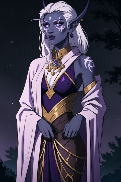 Nightborne female in white-purple dress #fantasy #warcraft #nightborn #elf Nightborne Female, Astral Elf Female Dnd, Elf Character Design Female, Moon Elf Female Dnd, Nightborne Elf, Night Elf Art, Female Elf Art, Elf Creature, Moonshadow Elf