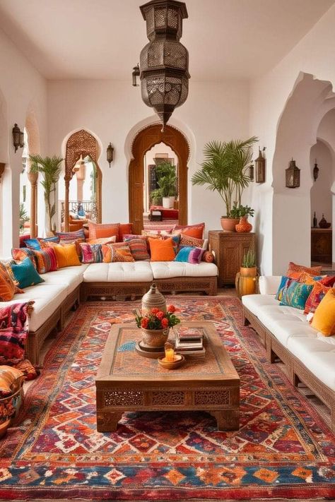 Indian Interiors Living Room, Spanish House Interior Living Room, Hacienda Style Living Room Mexico, Indian Baithak Living Rooms, Mexican Hacienda Living Room, Spanish Inspired Living Room, Baithak Living Rooms, Indian Interior Design Living Rooms, Middle Eastern Living Room