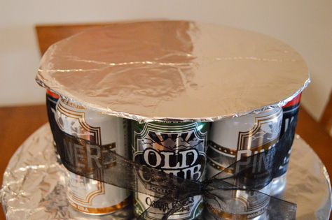 How To Make A Beer Can Cake Tower, How To Make Beer Cake Tower, Beer Bottle Birthday Cake, Birthday Beer Cake Ideas For Men, Diy Beer Cake With Cans, Beer Can Cakes For Men Diy, Beer Bottle Cakes For Men, Beer Can Cake Tutorial, How To Make A Beer Cake