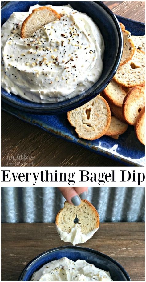 Everything Bagel Dip - A creamy party dip to serve with bagel chips. Bake Appetizers, Bagel Chips Recipe, Everything Bagel Dip, Hearty Appetizers, Bagel Dip, Recipe Appetizers, Chicory Recipe, Bagel Chips, Salsa Recipes