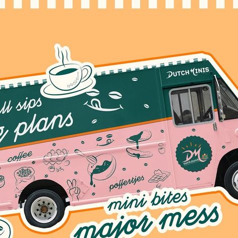 Nani | Brand designer on Instagram: "Throwing it back to this food truck design project I worked on two years ago! 🚚✨ . Bringing the client's vision to life was an absolute joy. 🥞 . From bold colors to eye-catching graphics, every detail aimed to make this truck a rolling masterpiece. 🌈 . What do you think about this design ? 🫶🏻 . #branddesignstudio #branddesigners #branddesigner #branddesign #cupdesign #packagingdesign #labeldesigns #design #pancakes #branding #packagingdesign #patterndesign #icons #moderngraphicdesign #designstudio #visualidentity #visualidentitydesign #smallbusiness #smallbusinesssupport #brandidentity #graphicdesigndaily #graphicdesign #montrealsmallbusiness #graphicdesigncentral #pattern #colorpalette #illustration #freelancedesigner #graphicdesignstudio #logo #l Foodtruck Design, Pancake Illustration, Food Truck Branding, Food Truck Design Logo, Truck Branding, Livery Design, Truck Icon, Food Van, Identity Project