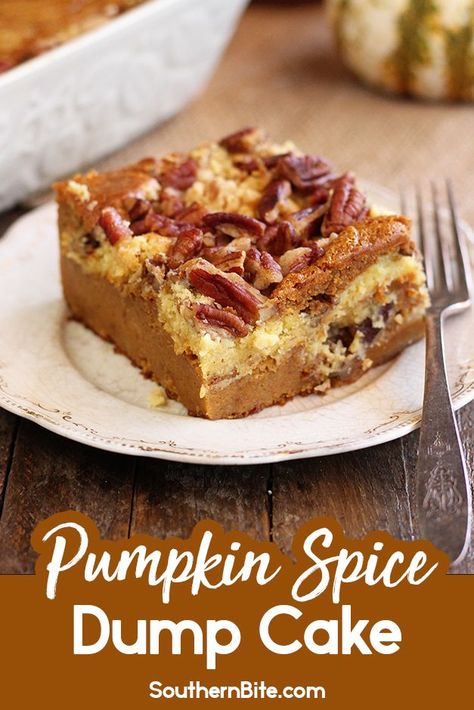 The delicious warm flavors of fall shine in the super quick and easy recipe for Pumpkin Spice Dump Cake! You'll love how easy this one is! Pumpkin Spice Dump Cake, Spice Dump Cake, Pear And Almond Cake, Pumpkin Eater, Dump Cakes, Seasonal Desserts, Cake Hacks, Pumpkin Desserts, Crunch Cake