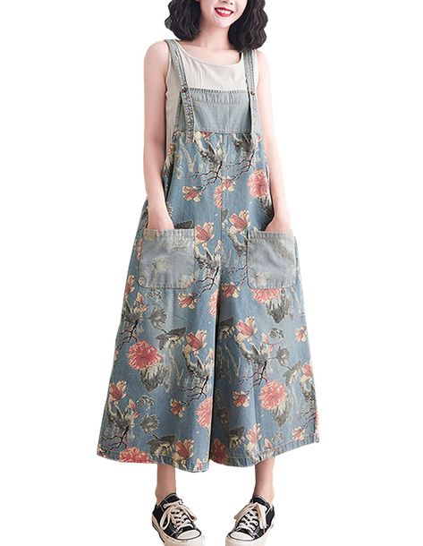 PRICES MAY VARY. Fabric: High quality denim cotton, breathable£¬lightweight, soft and comfortable Features: Adjustable button straps, floral print, wide leg, low crotch, 2 patch pockets, 1 back pocket Style: Loose fit, boyfriend style, distressed, faded, unique print design makes you look more attractive when wearing it in any occasion Occasion: Great for casual, party, date, shopping, outdoor activities, travel, street and daily wear, perfect with t-shirts, shirts, knitwear or other tops, suita Japanese Womens Fashion, Overalls Casual, Cute Overalls, Gardening Outfit, Cotton Clothes, Dusters, Boyfriend Style, Denim Cotton, Outfit Inspo Fall