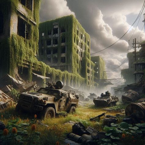 A post-apocalyptic world with crumbling buildings overgrown with wild greenery, armored vehicles parked among the ruins, and cloudy skies. #artificialintelligence #city #war Post Apocalyptic Town, Crumbling Buildings, Post Apocalyptic World, Apocalyptic City, Apocalyptic World, Apocalypse Landscape, Post Apocalyptic City, Cloudy Skies, Story Of The World