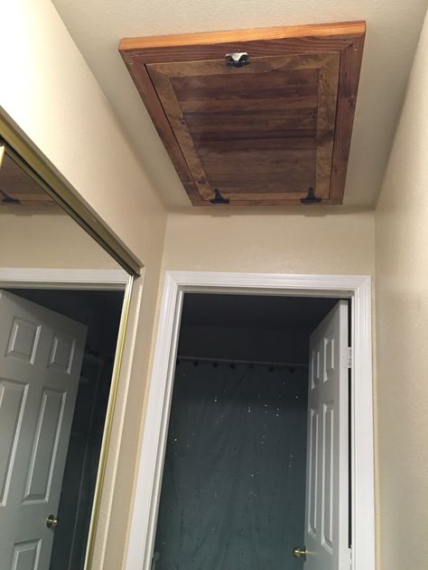 Pull Down Attic Door Cover, Garage Attic Door, Attic Access Ideas Doors, Attic Access Door In Ceiling Ideas, Attic Cover Ideas, Attic Cover Ceilings, Attic Entry Ideas Ceilings, Diy Attic Door, Attic Opening Cover