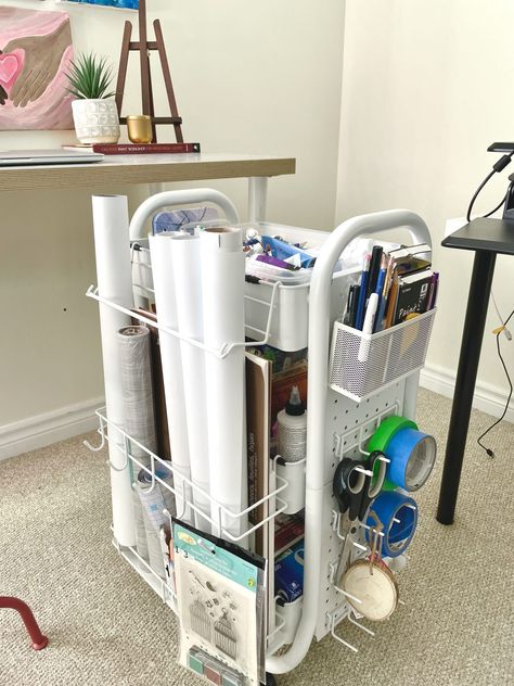 Neat Ikea Craft Table Hack {counter height} On A Budget Ikea Raskog Cart Craft Storage, Ikea Cart Hack, Ikea Trolley Hack, Ikea Craft Table, Craft Trolley, Ikea Trolley, Raskog Ikea, Craft Room Organization Storage, Table Organization