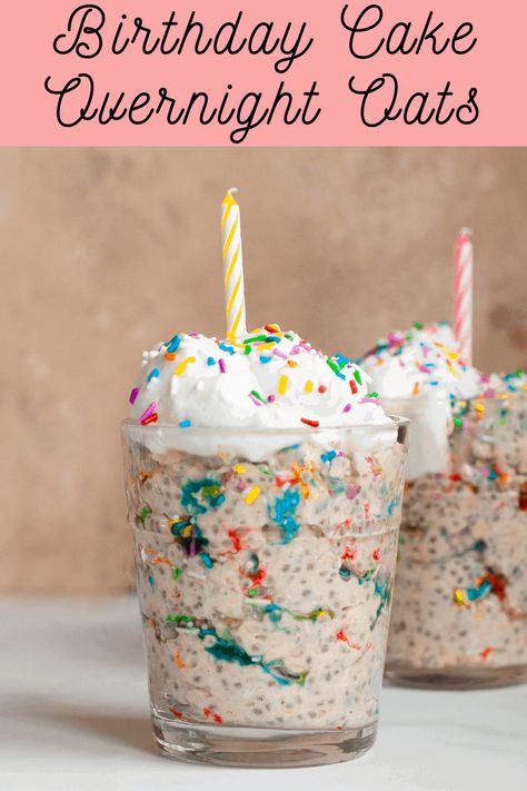 Make mornings simpler with pre-prepped Cake Batter Overnight Oats. This delicious breakfast is made with rolled oats, chia seeds, maple syrup, and cashew butter. It's the perfect kid-approved, protein-rich morning meal! Cake Batter Oats, Fruity Cereal Overnight Oats, Best Over Night Oats Recipe, Cake Batter Granola, Overnight Oats You Can Heat Up, Funfetti Overnight Oats, Birthday Cake Overnight Oats Protein, Overnight Oats Birthday Cake, Fun Overnight Oats