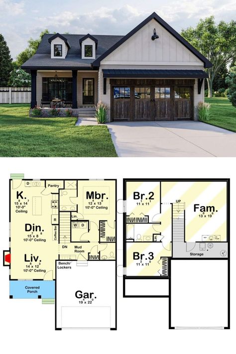 Modern Rustic Exterior, Craftsman Farmhouse Plans, One Story Craftsman, Ranch Home Floor Plans, Starter Home Plans, 900 Sq Ft House, 1000 Sq Ft House, Building Styles, Small Farmhouse Plans