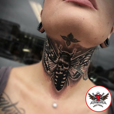 Moth Throat Tattoo Men, Moth Throat Tattoos Women, Neck Moth Tattoo, Deathmoth Skull Tattoo, Moth Throat Tattoo, Neck Tattoos Women Throat, Front Neck Tattoos Women, Moth Neck Tattoo, Front Neck Tattoo