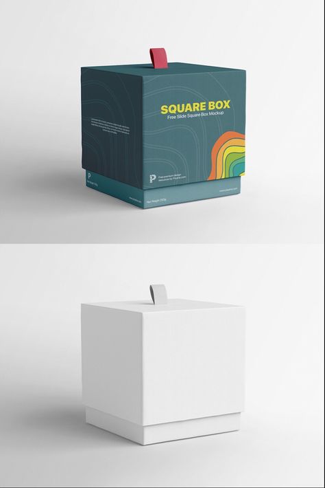 If you are working on a packaging project and the package shape is square, then today’s free mockup is the best one for your presentation. Free Slide Square Box mockup features a beautiful gift box that has a ribbon on the top of the lid for easy opening. With an amazing perspective view, this free square sleeve box allows you to showcase your design from three different angles. #freemockup #slidebox #squarebox #paperbox #psdmockup #boxmockup #branding #packaging #design #print Printed Boxes Packaging, Square Box Packaging Design, Square Packaging Design, Slide Box Packaging, Gift Box Design Packaging, Creative Box Design, Box Design Package, Creative Box Packaging, Square Box Packaging