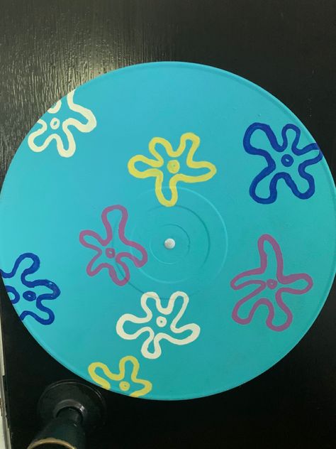 Medium: acrylic paint and vinyl record Painting Ideas Orange, Vinyl Record Painting Ideas, Art Spongebob, Record Painting Ideas, Vinyl Record Painting, Paint Vinyl, Record Painting, Spongebob Painting, Channel Orange