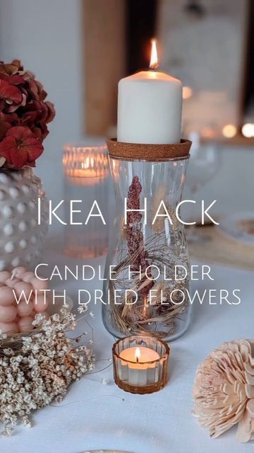 Ikea Glass Vase, Ikea Candle Holder, Ikea Deco, Ikea Candles, Ikea Vases, Flower Centerpieces Diy, Dried Flower Candles, Flower Branches, Flower Bottle