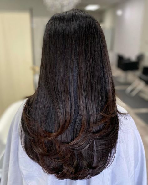 Smooth Dark Brown Hair with Flippy Ends Layers At The End Of Hair, Uniformly Layered Haircut, Long Layers Haircut Thick Hair, Extra Long Layers Haircut, U Cut With Long Layers, Layered Ends Long Hair, Best Haircuts For Thick Hair Long, Straight Across Haircut Long, U Haircut For Long Hair