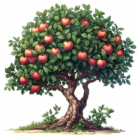 a drawing of a tree with lots of apples on it Tree Stump Illustration, Apple Tree Clipart, Apple Tree Illustration, Apple Tree Drawing, Trees Clipart, Fruit Clipart, Collage Images, Photoshop Backgrounds Backdrops, Art Fruit