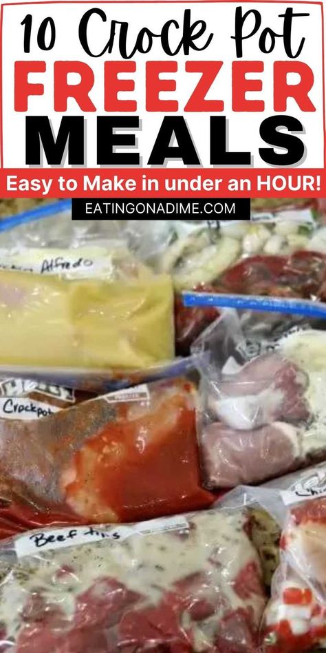 Have you been wanting to try freezer cooking? You can now make 10 crock pot freezer meals in just an hour! Plus, you will never have to menu plan again! Check out these SUPER EASY make ahead meals that will save you a ton of time, money and sanity in the kitchen! #eatingonadime #crockpotrecipes #freezermeals #freezercooking Freezer Meals Make Ahead Crock Pot Beef, Prep Crockpot Meals Freezer Cooking, Bag Freezer Meals Crock Pot, Instant Pot Make Ahead Freezer Meals, Crock Pot Make Ahead Freezer Meals, Crockpot Prep Meals Crock Pot Freezer, Easy Freezer Meals Make Ahead Crock Pot, Small Batch Freezer Meals, Crock Pot Freezer Meals Make Ahead