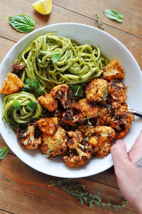 Blackened Cauliflower, Creamy Vegan Pesto, Pasta With Roasted Tomatoes, Vegan Pesto Pasta, Chicken Pesto Pasta, Rabbit And Wolves, Creamy Pesto Pasta, Vegan Ideas, Chicken Pesto