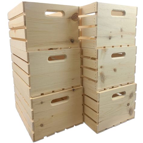 "Buy the Wilson® Enterprises 18\" x 10\" Pine Handle Crates, 6ct. a Michaels. com. These large crates provide an attractive backdrop for decorative items and offer functional storage solutions for various environments. With their rustic aesthetic, they bring laid-back charm to any space, serving as side tables or unique shelving systems. Elevate your organization and style with the versatile pine wood crates. These large crates provide an attractive backdrop for decorative items and offer functi Wooden Crate Bookshelf, Wood Baskets, Crate Bookcase, Unique Shelving, Dessert Cart, Market Booth, Stain On Pine, Antique Aesthetic, Crate Shelves