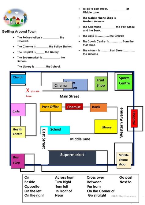 Asking for and giving Directions Using adverbs of place eg next to, between,near - English ESL Worksheets Asking For Directions, Materi Bahasa Inggris, English Teaching Materials, Teaching English Grammar, Social Studies Worksheets, English Grammar Worksheets, Give Directions, Kids English, Learn English Grammar