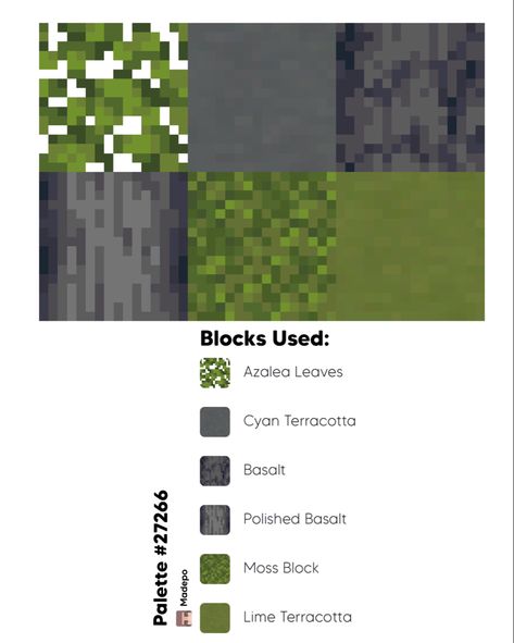 Minecraft block palette using azalea leaves, cyan terracotta, basalt, polish basalt, moss block, and lime terracotta. Green and gray palette, #minecraft #mcyt #tiktok #aesthetic #minecraftbuildingideas #minecraftbuild #minecraftaesthetic How To Make Green Dye In Minecraft, Minecraft Green Color Palette, Minecraft Green Palette, Minecraft Green Block Palette, Best Minecraft Block Combinations, Minecraft Deep Slate Palette, Minecraft Houses Green, Moss Builds Minecraft, Minecraft Jungle Block Pallete