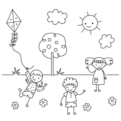 Children in the park playing sketch hand... | Premium Vector #Freepik #vector #kids-drawing #kids-color #kids-draw #kids-sketch Playground Drawing Easy, Drawing For Kindergarten Kids, Child Painting Ideas For Kids, Park Drawing For Kids, Children Playing Drawing, Park Drawing Easy, Kids Playing Drawing, Playground Sketch, Playground Drawing