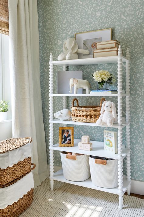 West Village Nursery Alex Nino, Nursery Bookcase, Light Blue Nursery, Nursery Bookshelf, Sandberg Wallpaper, Kid Rooms, Nursery Shelves, Nursery Room Design, Nursery Room Inspiration