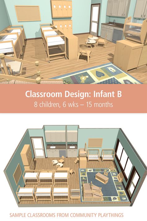 This layout design for an Infant classroom includes a protected napping area, a carpeted play area, cubbies, and separate feeding and diapering areas. Click through to view the labeled floor plan and 3-D rendering, plus a complete pricelist, so you can purchase furniture for a whole room or pick and choose ideas. Visit our “Classroom Layout Designs” board to explore more! Home Daycare Layout Floor Plans, Daycare Facility Design, Infant Classroom Design, Daycare Center Interior Design, Childcare Centre Design, Daycare Center Layout Floor Plans, Montessori Infant Classroom Layout, Small Daycare Floor Plans, Small Infant Room Daycare Layout