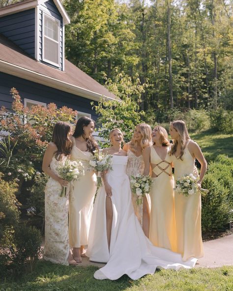 Bridesmaid Outdoor Wedding, Cream Yellow Bridesmaid Dresses, Green Yellow Pink Bridesmaids, Yellow Green Bridesmaid Dresses, Summer Bridal Party Colors, Green And Yellow Bridesmaid Dresses, Butter Yellow Bridesmaid Dresses, Pink And Yellow Bridesmaid Dresses, Green And Yellow Wedding Theme