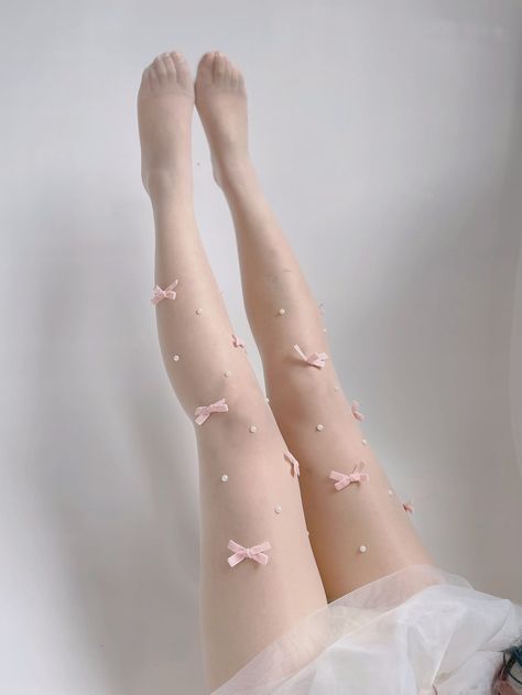 Pink  Collar  Fabric   Embellished   Women Socks & Hosiery Pink Tights Outfit, Cute Tights, Pink Tights, Lace Stockings, White Tights, Pearl Bow, Bow Decor, Pink Bows, Sheer Tights