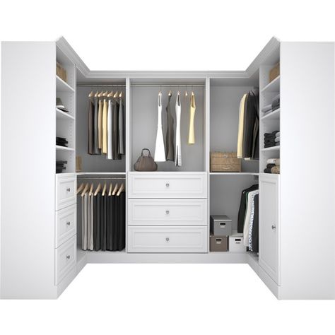 A wardrobe as wonderful as yours should be stowed in the highest of styles! If your master suite storage is in need of a makeover, all you need is this clean-lined closet system. Crafted of particle board and laminate, it offers a versatile solid finish so as not to distract from your dresses and denim. Ready to organize your ensemble, this 107.25" U-shaped design features six knob pull-adorned drawers, a single cabinet, 13 open shelf spaces, and five bars for hanging those more deli... Corner Storage Unit, Ideas Armario, Wood Closet Organizers, Organiser Son Dressing, Corner Closet, Front Closet, Closet Planning, White Closet, Closet Kits