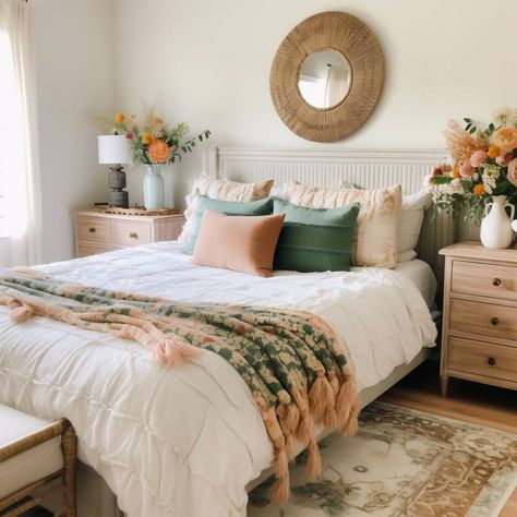 Cream Bedroom Ideas Boho, Neutral Bedroom With Pop Of Color Boho, Apartment Room Themes, Moms Room Ideas Bedrooms, Bedroom Decor Ideas For Women Boho, Girly Guest Bedroom, Modern Farmhouse Girls Bedroom, Cute Boho Room Ideas, Arizona Room Ideas