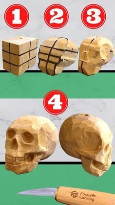 Carving Skulls In Wood, How To Carve A Skull Out Of Wood, Learn How To Carve Wood, Dremel Wood Carving Pattern, Easy Wood Sculpture, Widdle Wood Ideas Easy, Easy Carving Ideas Wood, Wooden Skull Carving, Dremel Carving Patterns