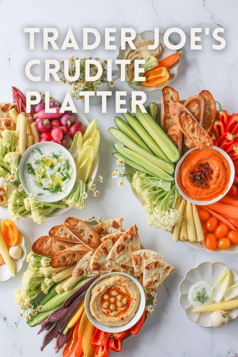 Trader Joe Christmas Appetizers, Crudite Platter Ideas Christmas, Easy Crudite Platter Ideas, Trader Joes Appetizer Recipes, Trader Joes Party Food Ideas, Christmas Crudite Platter, Crudite Platter Ideas Presentation, Trader Joes Party Appetizers, Trader Joe’s Appetizers