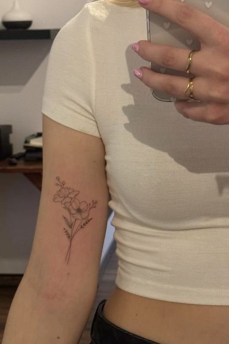 Two Cosmos Flowers Tattoo, Tattoo Ideas Female Meaningful Flowers, Cosmo And Poppy Flower Tattoo, Cosmos Bouquet Tattoo, Poppy And Aster Tattoo, Simple Cosmos Tattoo, Sibling Birth Flower Tattoos, Dainty Morning Glory Tattoo, Water Lily And Poppy Tattoo