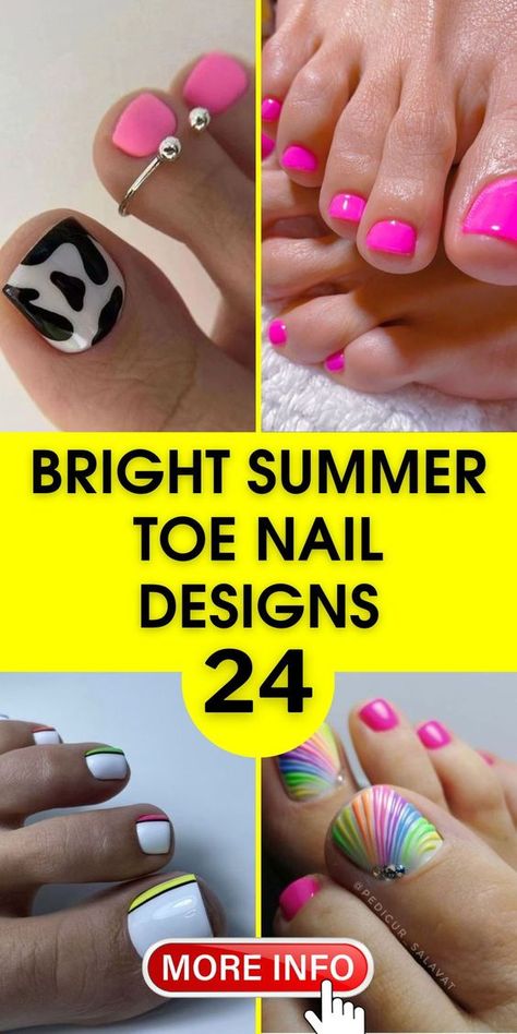 Elevate your summer style with bright summer toe nail designs. Choose neon colors for a bold look or toenails pedicure ideas simple for a subtle touch. Perfect for both short art ideas 2024 and long acrylic enthusiasts. Summer 2024 Toe Nail Trends, Rainbow Toe Nail Designs, Toenail Colors 2024, Summer Nails Toes Pedicures, Best Toe Nail Color Summer, Neon Pedicure Toenails, Pedicure Colors Spring 2024, Summer Toe Nail Colors Pedicures 2024, Pedicure Ideas Simple