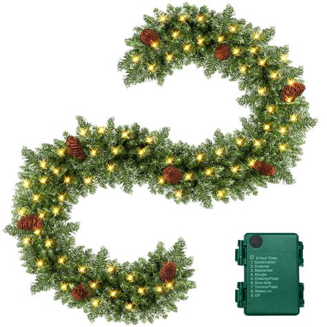 PRICES MAY VARY. Prelit 50 LED with Battery Operated Timer: Artificial Christmas Garland features 8 lighting modes(steady on, flashing, fading etc.) With 6 hours ON&18 hours OFF timer. Adding a sparkling Christmas radiance to your decor and surroundings Soft and Durable Material: Lighted Christmas garland crafted from high-quality PVC tips with a realistic look that is also flame resistant and long-lasting Lush shape: With an ideal length of 9 FT. This garland has 240 branch tips decorated with Decor For Stairs, Lighted Christmas Garland, Christmas Garland Mantle, Outdoor Garland, Christmas Lights Garland, Sparkling Christmas, Artificial Christmas Garland, Pine Garland, Green Garland