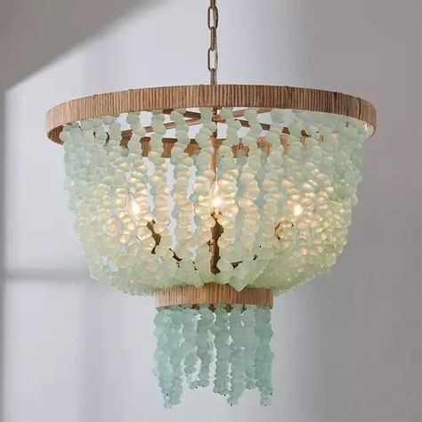 Beaded Chandeliers: Wood Beaded, Boho & Distressed Styles - Shades of Light Beachy Chandelier, Florida Coastal Decor, Origami Lamps, Chic Light Fixtures, Sea Glass Chandelier, Boho Beach House, Unconventional Materials, Coastal Chandelier, Coastal Kitchen Decor