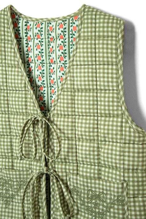 arte reversible tie gilet - green gingham – Damson Madder Gingham Quilt, Bow Embroidery, Canvas Makeup Bag, Scarf Yarn, Quilted Backpack, Green Gingham, Vest Designs, Homewares Shop, Quilted Vest