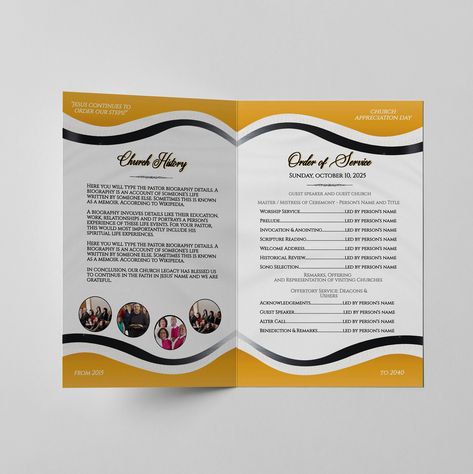 "𝑯𝒆𝒍𝒍𝒐 𝒂𝒏𝒅 𝒕𝒉𝒂𝒏𝒌𝒔 𝒇𝒐𝒓 𝒔𝒕𝒐𝒑𝒑𝒊𝒏𝒈 𝒃𝒚!  This Editable Church Service Program Template features a bright golden yellow and black design with a silk white backdrop.  ✔ 𝗪𝗛𝗔𝗧 𝗬𝗢𝗨𝗥 𝗣𝗨𝗥𝗖𝗛𝗔𝗦𝗘 𝗜𝗡𝗖𝗟𝗨𝗗𝗘𝗦: ◾ (1) 11x8.5 Church Anniversary Program Template - Golden Yellow Black (Full Spread) Once edited and printed the bifold page order will be:  Page 1: Front Cover Design Page 2: Order of Service Page 3: Church History  Page 4: Back Cover / Special Thanks >> Fe Program Of Events Design, Church Brochure Cover Design, Church Program Flyer Design, Program Cover Design, Church Order Of Service, Church Template, Page Background Design, Church Brochures, Wedding Program Design