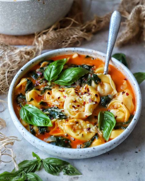 Vodka Tortellini Soup - Plantifully Based Vegan Tortellini, Creamy Vodka Sauce, Vegan Creamer, Low Iodine Diet, Tomato Tortellini Soup, Creamy Tomato Soup, Vegan Italian, Vodka Sauce, Vegan Parmesan