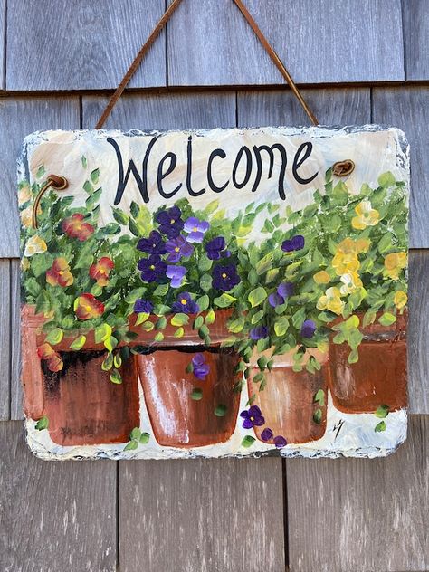 Spring / Summer Slates - LindaSpangArt Welcome Signs For Front Door, Signs For Front Door, Spring Welcome Sign, Slate Garden, Welcome Sign Front Door, Spring Porch Decor, Welcome Signs Front Door, Painted Slate, Slate Signs