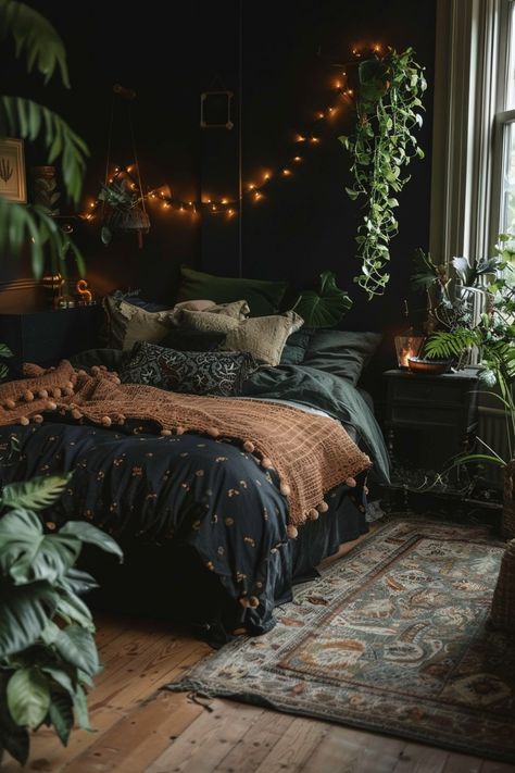 Black Room With Plants Aesthetic, Dark Aesthetic Bathroom Decor, Black Walls Room Aesthetic, Room Theme Aesthetic, Black Earthy Bedroom, Dark Woodsy Bedroom, Western Gothic Aesthetic Bedroom, Dark Bedroom With Plants, Dark Cabin Bedroom