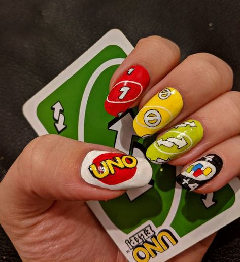 50 Hottest Back to School Nail Ideas that Slay 90s Aesthetic Nail Art, Uno Nails Art Designs, Nails Characters Art Designs, Tv Show Nail Art, Pop Culture Nail Art, Pop Art Nails Designs Comic Books, Emoji Nails Design, M&m Nails, Adventure Time Nail Art