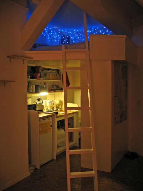 the only thing I love more than the lights, the ladder and the creative use of space... is that this person is a CAT OWNER!! (note the literbox under the sink!?!) Små Rum Lidt Plads, Design Ložnic, Casa Hobbit, Bilik Idaman, Tiny Kitchen, Cozy Nook, House Room, Awesome Bedrooms, Cool Beds