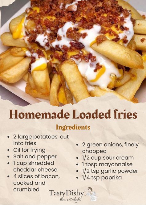 Loaded fries are an easy and... - Mom's Flavorful Bites Burger And Fries Recipes, Cheesy Bacon Fries, Bacon Cheese Fries Recipe, Good Lunch Ideas For Home, Food Recipes For Lunch Easy, How To Make Cheese Fries, How To Make Loaded Fries, Fast Food At Home Recipes, Loaded Cheese Fries Recipe