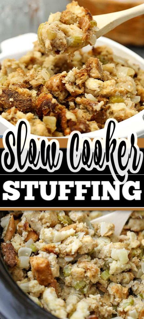 This Slow Cooker Stuffing recipe takes my Mom's favourite classic stuffing recipe into an easy holiday meal side dish that frees up oven space. #slowcookerstuffing #stuffingrecipe #stuffingrecipeeasy #easystuffing Turkey Stuffing Recipes Crockpot, Crock Pot Stuffing Recipes, Crockpot Stuffing Recipes Thanksgiving, Stuffing Recipes Slow Cooker, Crockpot Stuffing Recipes, Slow Cooker Thanksgiving Recipes, Stuffing In Slow Cooker, Slow Cooker Stuffing Thanksgiving, Stuffing Slow Cooker