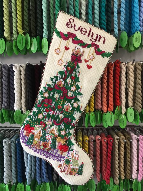 A Strictly Christmas stocking stitched by Gretchen, finishing by Hearts to Keep. Needlepoint Trees, Christmas Stocking Ideas, Vintage Inspired Christmas Decor, Fun Needlepoint, Needlepoint Christmas Stocking Kits, Needlework Christmas, Holiday Cross Stitch Patterns, Unique Christmas Stockings, Needlepoint Christmas Ornaments